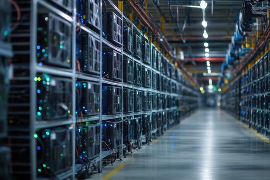 A large warehouse filled with rows of powerful computers and mining rigs working tirelessly. The environment is industrial, with visible cooling systems and cables running everywhere.