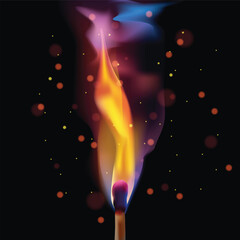 Burning Matchstick with Colorful Flame and Sparks - Vector Illustration