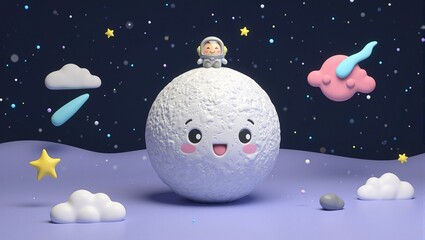 Fototapeta premium Whimsical 3D moon character with astronaut helmet whimsical space clouds shooting stars in a dreamy galaxy scene