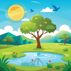 Naklejka premium A Peaceful Day by the Pond