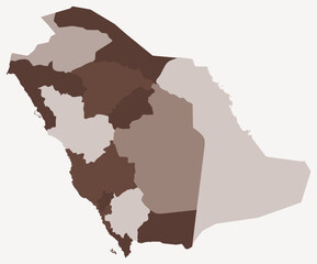 Map of Saudi Arabia with regions. Just a simple country border map with region division. Brown color palette. Blank Saudi Arabia shape with administrative division. Vector illustration.