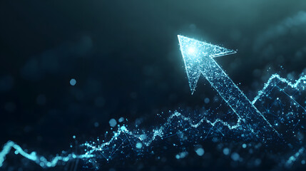 An arrow pointing upwards, made of glass, glowing and shining with light effects
