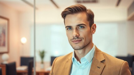 Obraz premium Attractive handsome man in modern office business professional, successful male entrepreneur