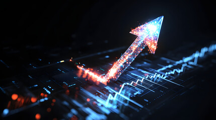 An arrow pointing upwards, made of glass, glowing and shining with light effects

