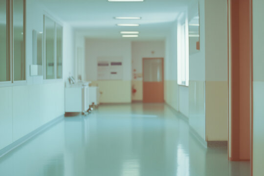 The Sterile Path: A long, empty corridor in a modern building, with a minimalist design. This image shows a sterile hallway that exudes a sense of institutionalism and clinical professionalism. 