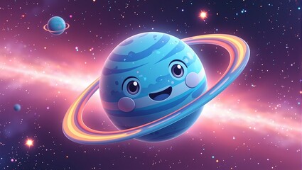 Cheerful planet with cartoon eyes in colorful rings orbiting a glowing star in a cosmic scene Playful and vibrant 3D render