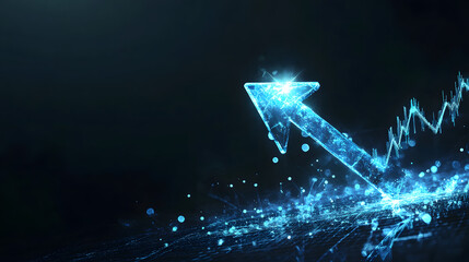 An arrow pointing upwards, made of glass, glowing and shining with light effects
