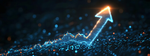 An arrow pointing upwards, made of glass, glowing and shining with light effects
