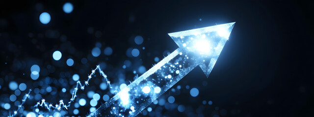 An arrow pointing upwards, made of glass, glowing and shining with light effects

