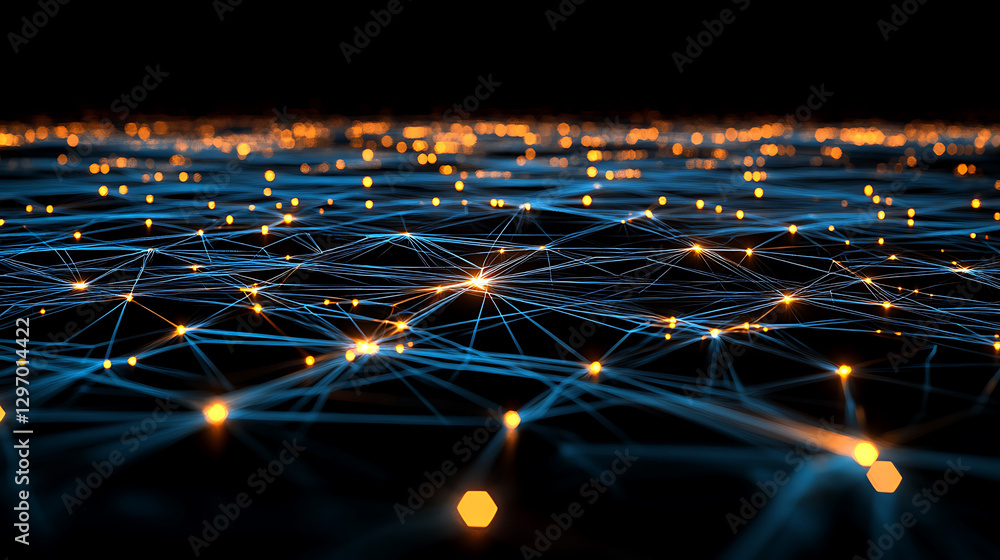 Poster abstract network design blue and orange nodes connected by lines