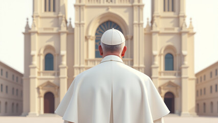 Pope  seen from behind, wearing his white cassock and skullcap, standing in front of a grand cathedral.