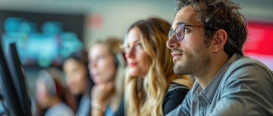 Focused professionals working attentively at computer monitors in a modern office, showcasing teamwork and dedication in a tech-driven environment.