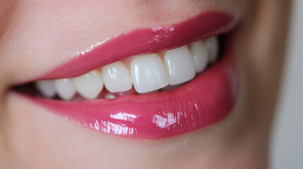 Fototapeta premium Close-up view of glossy lips adorned with pink lip gloss showing healthy teeth and vibrant shine in soft lighting
