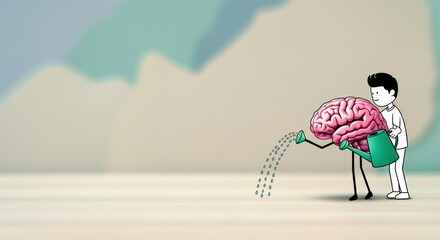 Creative illustration of a person watering a brain to symbolize growth and knowledge