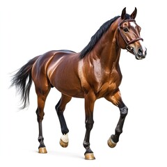 Fototapeta premium Bay Sport Horse Isolated on White Background, Majestic and Athletic Horse Perfect for Equestrian Sports