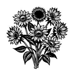 Black & White Sunflower Bouquet – Green Stems Contrast on White for Botanical Designs, B&W Sunflower Bouquet – Green Stems Botanical Art, Sunflower Bouquet Clipart – black and white with Green Accents