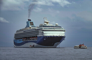 Modern ruiseship cruise ship liner Explorer 2 anchored offshore of Zakynthos island in Greece...