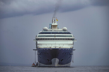 Modern ruiseship cruise ship liner Explorer 2 anchored offshore of Zakynthos island in Greece...