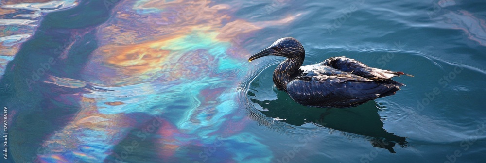 Aufkleber seabird struggles in polluted waters with rainbow sheen from oil spill. generative ai