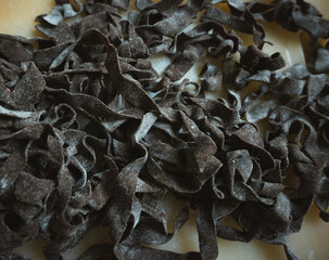 Homemade raw pasta, and fresh pasta dough on a floured surface. Traditional Italian cuisine concept, homemade cooking, and authentic pasta making