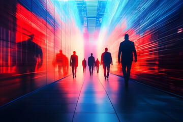 Silhouetted figures traverse a futuristic digital corridor bathed in neon red and blue, symbolizing journey and discovery within an advanced cyber realm.