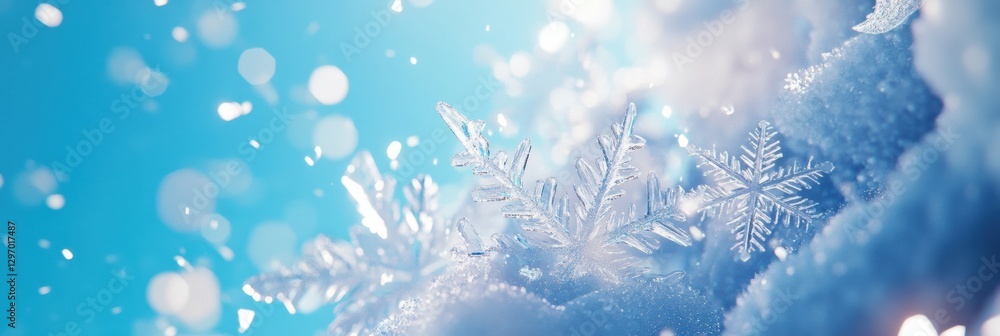 Poster snowflakes sparkle on soft snow during a bright winter day under a blue sky in a serene landscape. g