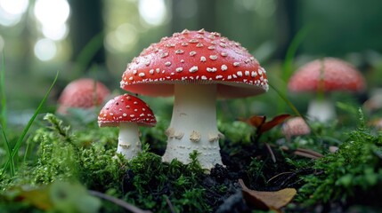 Forest floor mushrooms, moss, autumn. Nature background image