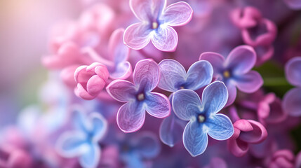 Fototapeta premium Closeup view of delicate lilac blossoms pastel purple pink flowers blooming springtime nature floral