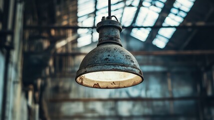 An aged metal industrial hanging lamp is illuminating a space