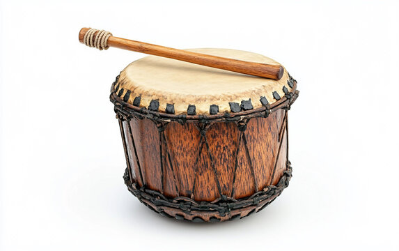 Handheld Samba Drum with Wooden Stick Isolated On White background.