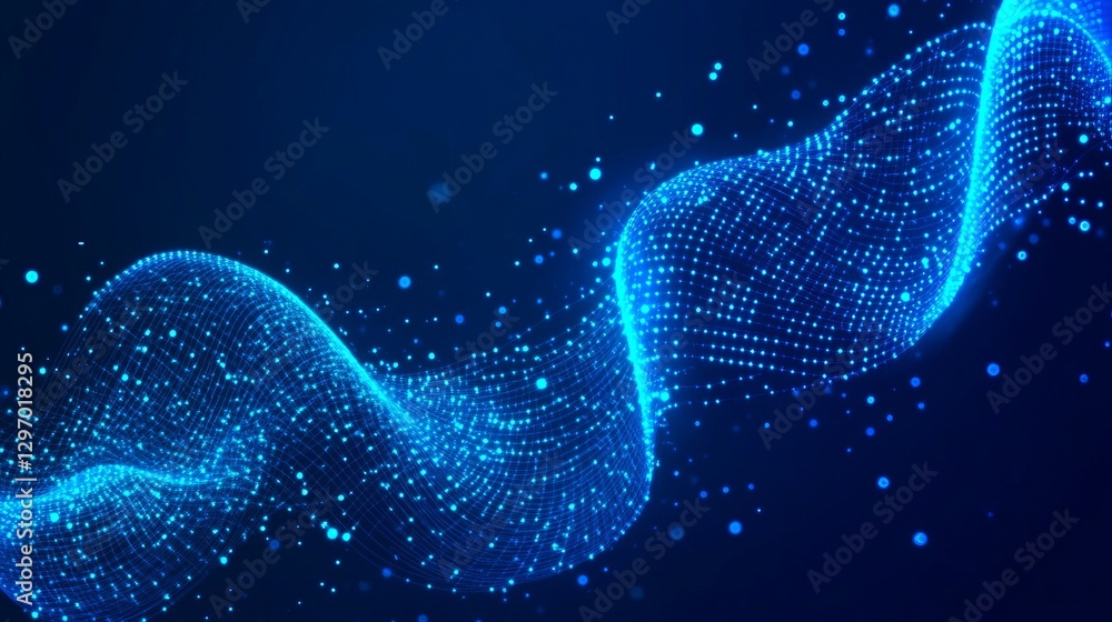 Poster a blue wave with many small dots. abstract background of technology wave and dot.