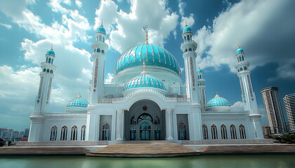 Obraz premium Majestic mosque with turquoise domes and minarets under a dramatic sky, reflecting in the water