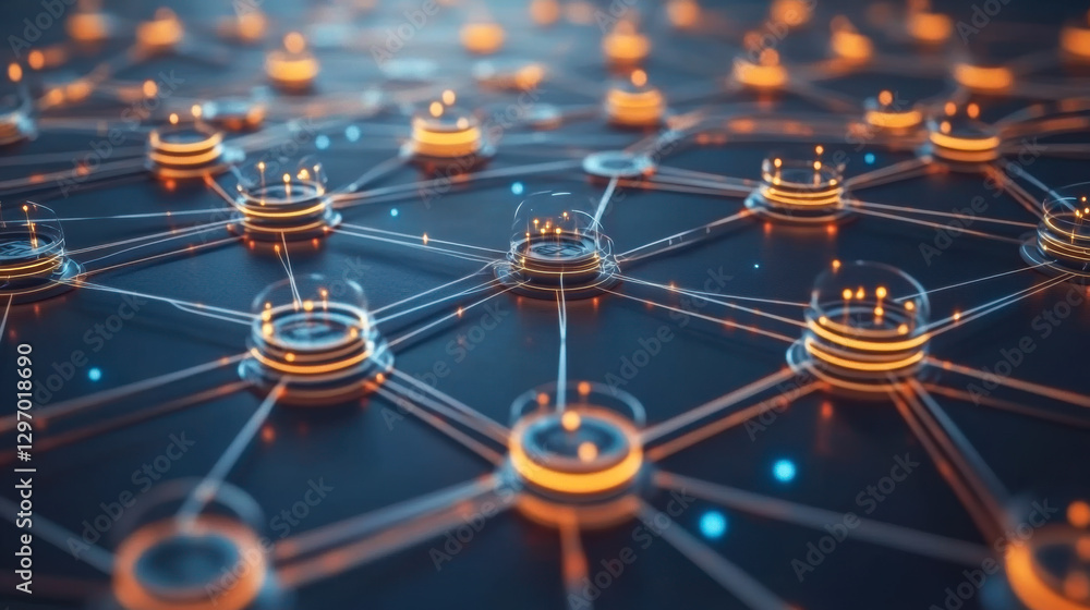 Poster innovative digital network design featuring interconnected nodes on a dark background