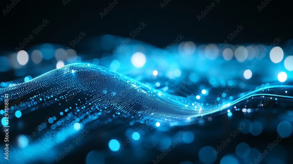 Poster a blue wave with many small dots. abstract background of technology wave and dot.