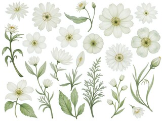 A collection of delicate white floral illustrations