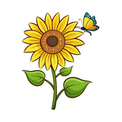 Sunflower and Butterfly Vector Art, Peaceful Nature Scene on White Background for Greeting Cards and Wall Decor,  sunflower with butterfly on white background, sunflower with butterfly illustration