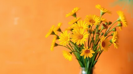 Fototapeta premium Sunshine Yellow Flowers Daisies Daisy in a Vase with Terracotta Wall behind