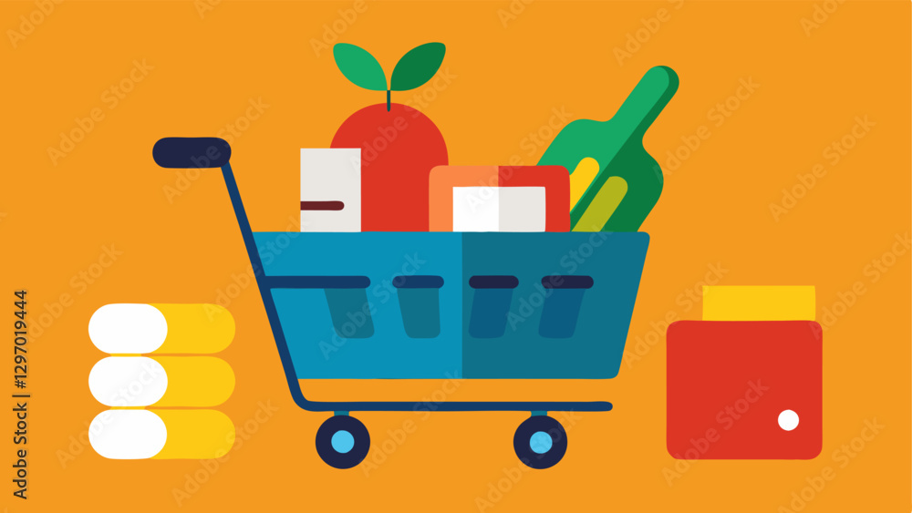 Poster shopping cart with empty wallet a shopping cart overflowing with everyday groceries like bread milk 