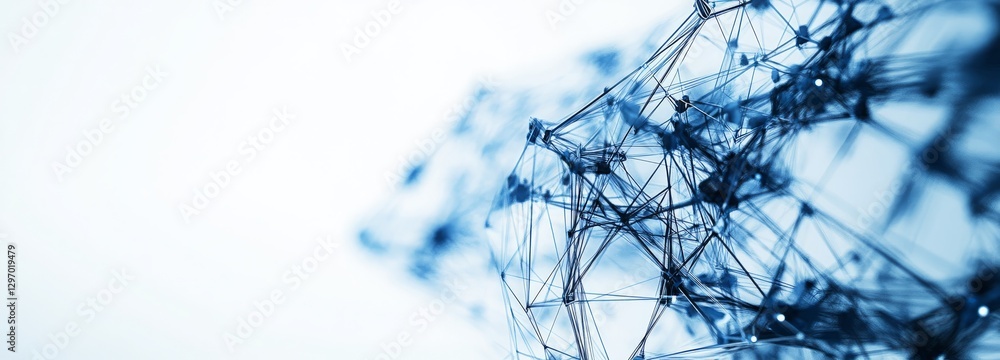 Poster a blue and white image of a network of lines. abstract background of technology wave and dot.