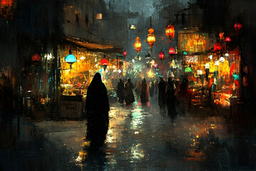 Fototapeta premium Night market scene with illuminated lanterns and people walking through a vibrant, bustling street