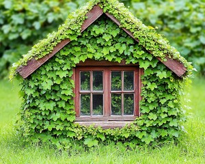 A small wooden structure is completely covered in climbing green vines