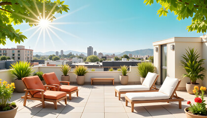 Fototapeta premium Serene rooftop garden with lounge chairs, bright sunny day, relaxation