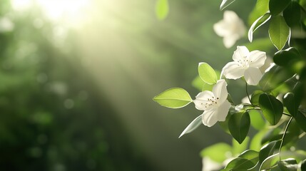 A white flower with green leaves is in the sun. The sun is shining brightly on the flower, making it look beautiful and vibrant. Concept of warmth and happiness