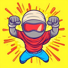 Obraz premium Masked Superhero Striking Dynamic Pose with Explosion Background, Comic Book Style, Vibrant Colors