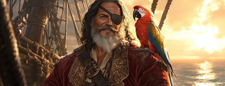 Pirate captain with parrot on ship, sunset ocean. Game art