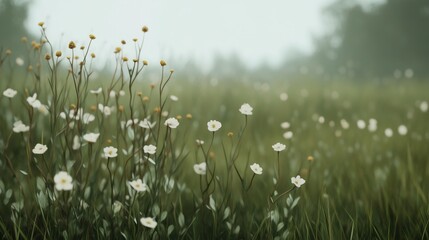 A field of white flowers with a few yellow flowers in the middle. The flowers are scattered throughout the field and the grass is green. The image has a peaceful and serene mood