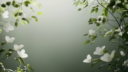 Obraz premium A white flower with green leaves is in the foreground of a green background. The flower is surrounded by other flowers, creating a sense of abundance and beauty