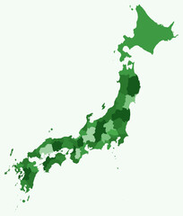 Map of Japan with regions. Just a simple country border map with region division. Green color palette. Plain Japan shape with administrative division. Vector illustration.
