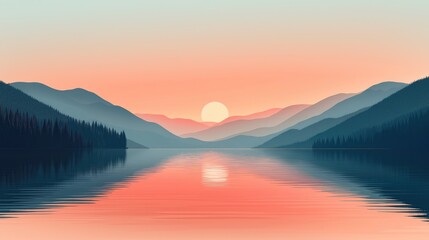 Fototapeta premium Serene Sunset Over Calm Lake with Reflective Mountain Landscape