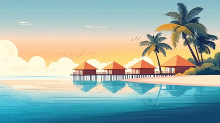 Obraz premium Serene Tropical Beach Scene with Overwater Bungalows and Palm Trees